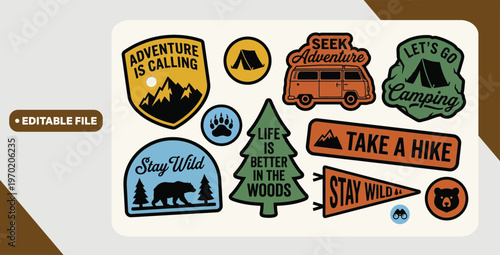Outdoor adventure badge set featuring camping quotes and forest illustrations. Perfect for t-shirt designs, stickers, travel gear, or hiking-themed merchandise.