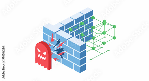 Isometric Cybersecurity Illustration: Red Malware Ghost Attacking Firewall Protecting Data Network