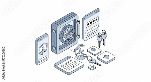 Cybersecurity Isometric Illustration with Bank Vault, Keys, and Digital Protection Symbols for Data Safety and Privacy Concepts
