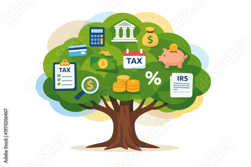 Financial Tree Growing Money and Tax Symbols.