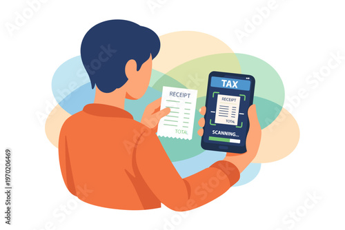 Man holding receipt and smartphone with tax application.