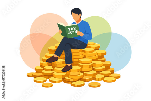 Man Sitting on Pile of Gold Coins Reading Tax Guide Book.