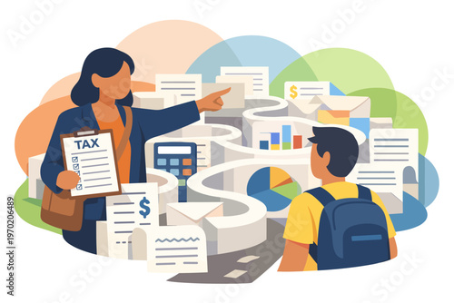 Woman teaching student about taxes and finances.