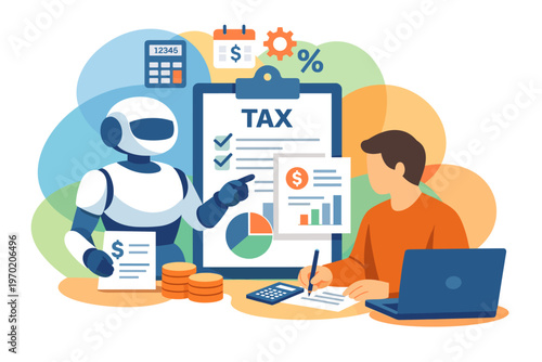 Robot assists person with tax preparation and financial planning.