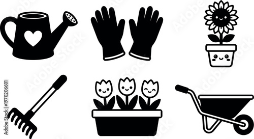 Black and white gardening tools with smiling flowers in pots vector art