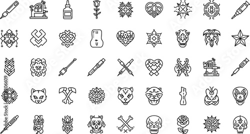 Tattoo flash and body art outline icon set with skulls animals symbols needles and decorative designs for studio branding