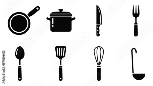 A collection of black kitchen utensils including a frying pan pot knife and serving tools shown as a silhouette high quality