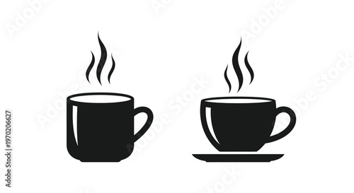 Two steaming coffee cups presented in a stark black silhouette