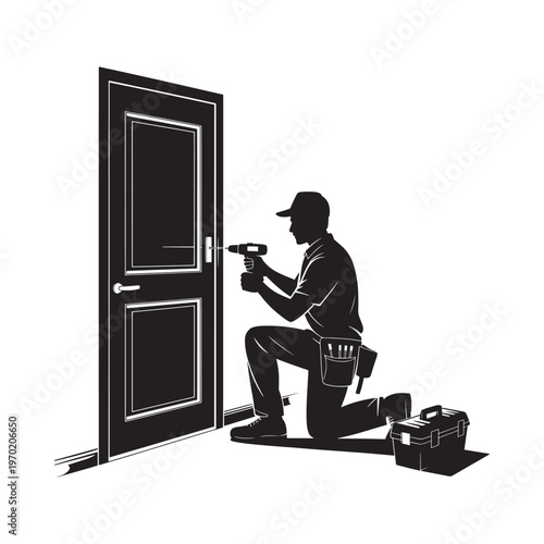A handyman kneels to install a door handle with a power drill