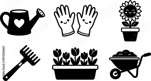 Black and white gardening tools and flower icons set