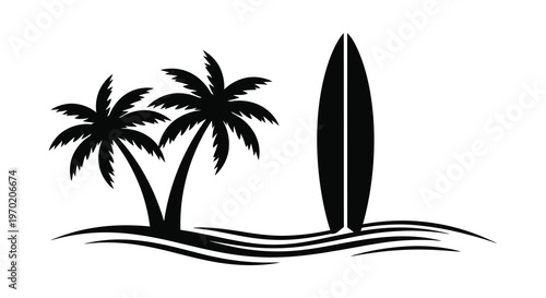 Tropical beach scene with palm trees and a surfboard silhouette