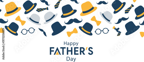 Happy Father's Day greeting card banner featuring a playful pattern of gentleman accessories like hats, mustaches, bow ties, and glasses on a white background.
