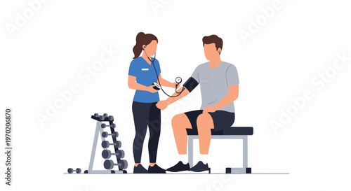 A female medical professional measures a male patient's blood pressure in a minimalist gym setting.