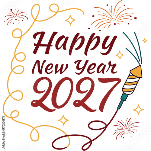 Happy New Year 2027 with a firework and swirls red text