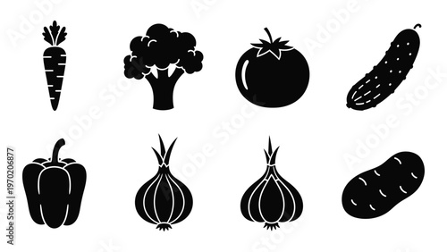 A collection of various vegetables is displayed in a stark black and white artistic rendering a unique silhouette high quality professional