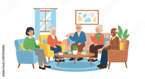A diverse group of five elderly individuals and one younger caregiver are conversing in a cozy living room setting.