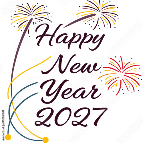 Happy New Year 2027 with fireworks and colorful lines