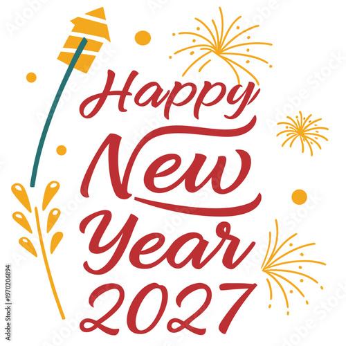 Happy New Year 2027 with fireworks and yellow accents