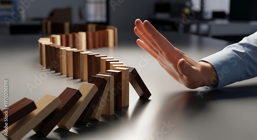 A decisive hand intervenes to halt the cascading fall of wooden dominoes, symbolizing effective crisis management and proactive prevention of potential chain reactions