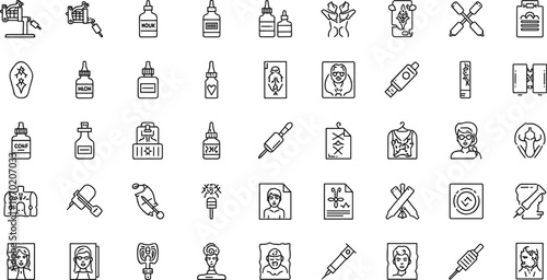 Tattoo and body art outline icon set with tattoo machine ink bottles needles artists and design elements for studio branding
