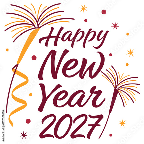 Happy New Year 2027 with Fireworks and Ribbon celebration