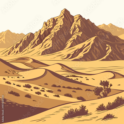 Desert mountain range with sandy dunes