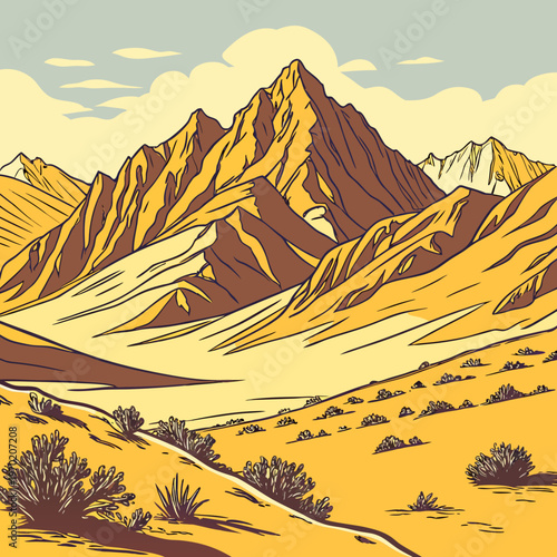 Stylized mountain landscape with desert terrain