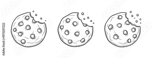 Three hand drawn chocolate chip cookies with bites taken out food
