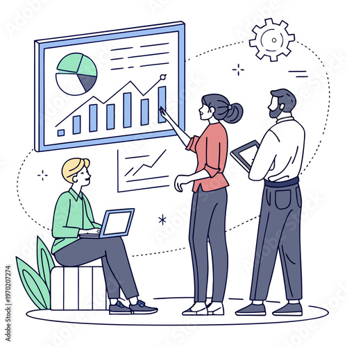 Three people discussing data on screen and board discussion