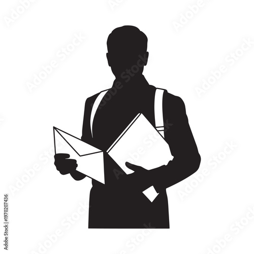 Silhouette of a person holding documents and a paper airplane