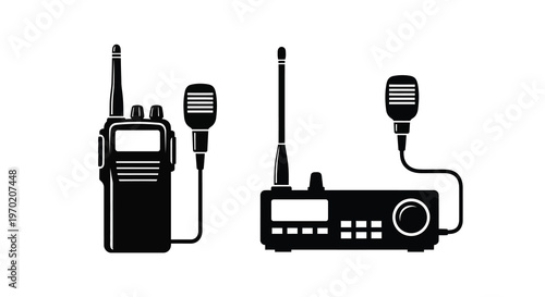 Black and white illustration of two way radios a striking silhouette