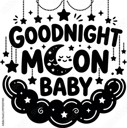 Goodnight moon baby hand lettering with stars and cloud vector art