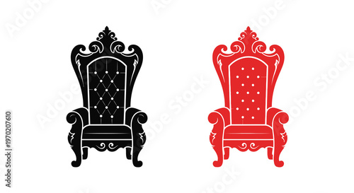 Ornate throne chair designs presented in red and black silhouette