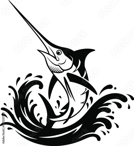 Stylized black and white marlin leaping out of crashing ocean waves in dynamic motion