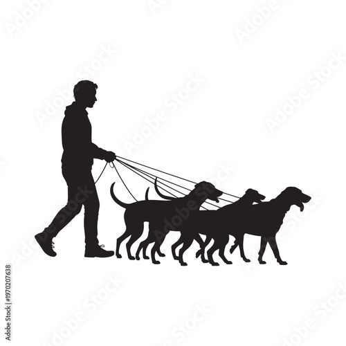 Silhouette of a man walking with three dogs on leashes