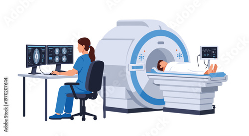 A female professional monitors a patient on an MRI machine with brain scan images displayed on two screens.