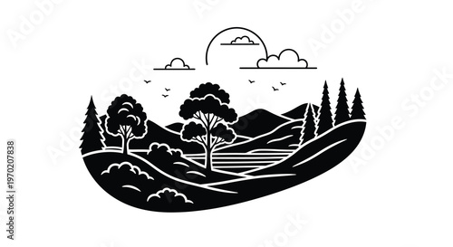 Minimalist landscape design featuring trees hills and a rising sun silhouette