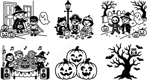 Black and white halloween kids trick or treat and party scenes with pumpkins and spooky tree