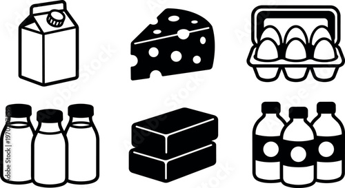 Black and white dairy food icons milk cheese eggs yogurt butter bottles