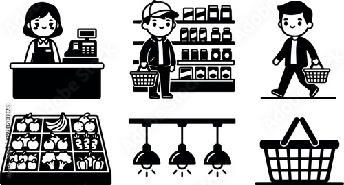 Black and white flat design grocery store cashier and shoppers with produce and shopping baskets