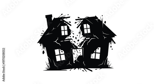 A broken spooky house illustration presented as a dark silhouette