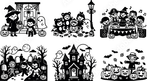 Black and white halloween children costumes party and haunted house vector art