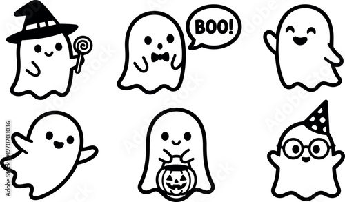 Black and white cute ghosts with halloween elements and accessories vector art