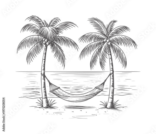 Two palm trees with a hammock strung between them a beach by the ocean