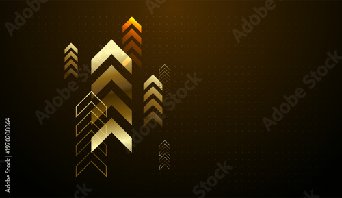Multiple gold chevrons point upward, representing a surge in business growth and a positive finance outlook. and with gold gradients that symbolize success