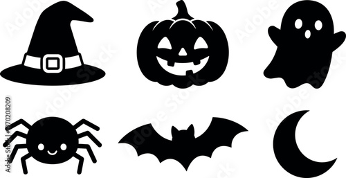 Halloween black silhouette icons witch hat pumpkin ghost spider bat crescent moon
