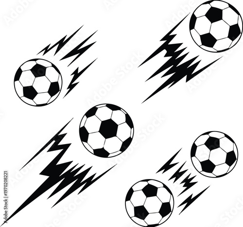 Soccer ball lightning motion, fast speed impact, dynamic sports graphic, energetic athletic vector, competitive game design, powerful strike illustration, stylish composition, physical fitness motif