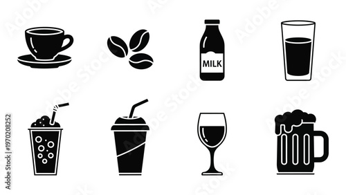 A collection of beverage icons including coffee tea milk juice and beer depicted in a stark silhouette high quality professional detailed