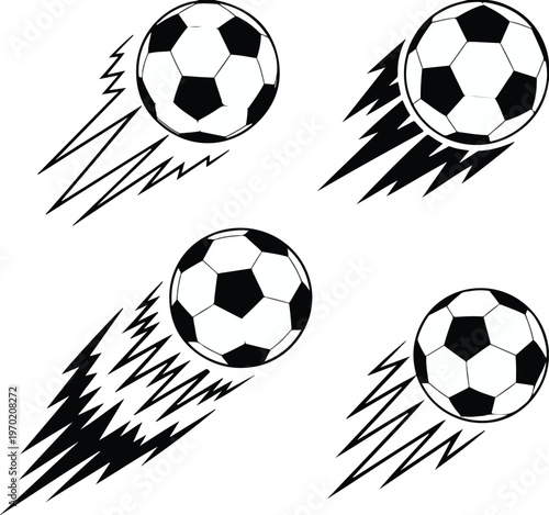 Soccer ball motion illustration, fast speed lines, dynamic sports graphic, athletic energy vector, competitive game design, black outline art, team activity stylish composition, energetic movement