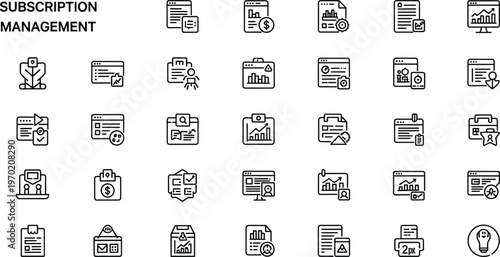 Subscription management SaaS line icon set featuring billing invoices customer plans analytics and recurring payment systems